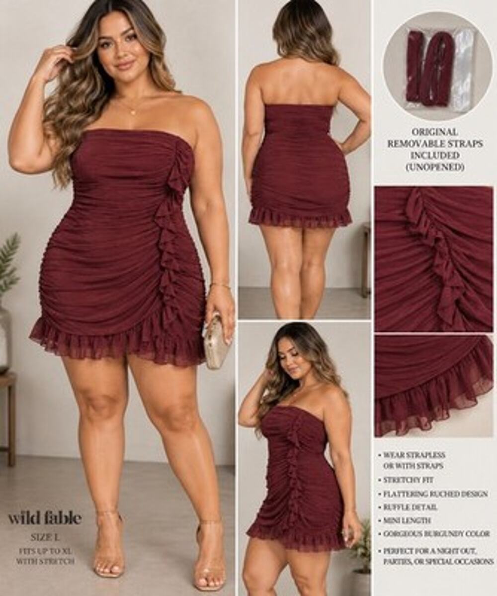 Wild Fable Size Large Burgundy Strapless Ruched Ruffle Mini Dress Stretchy NWOT